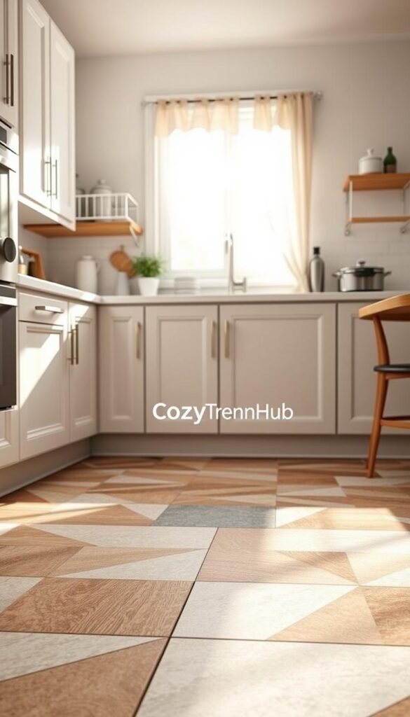 A beautifully styled kitchen featuring modern peel-and-stick floor tiles in a variety of textures and colors, showcasing a chic transformation. In the foreground, a close-up view of a few tiles laid out in an appealing geometric pattern, highlighting their stick-on application. The middle of the scene reveals a stylish kitchen with light cabinetry, a sleek countertop, and tasteful kitchenware, enhancing the overall aesthetic. The background includes a sunlit window with sheer curtains, emphasizing a bright and inviting atmosphere. Soft, natural lighting casts gentle shadows, creating depth in the image, reminiscent of Pinterest lifestyle decor. The brand "CozyTrendHub" subtly integrated into the scene, with all elements reflecting a modern, welcoming home environment suitable for renters looking to upgrade their outdated floors.