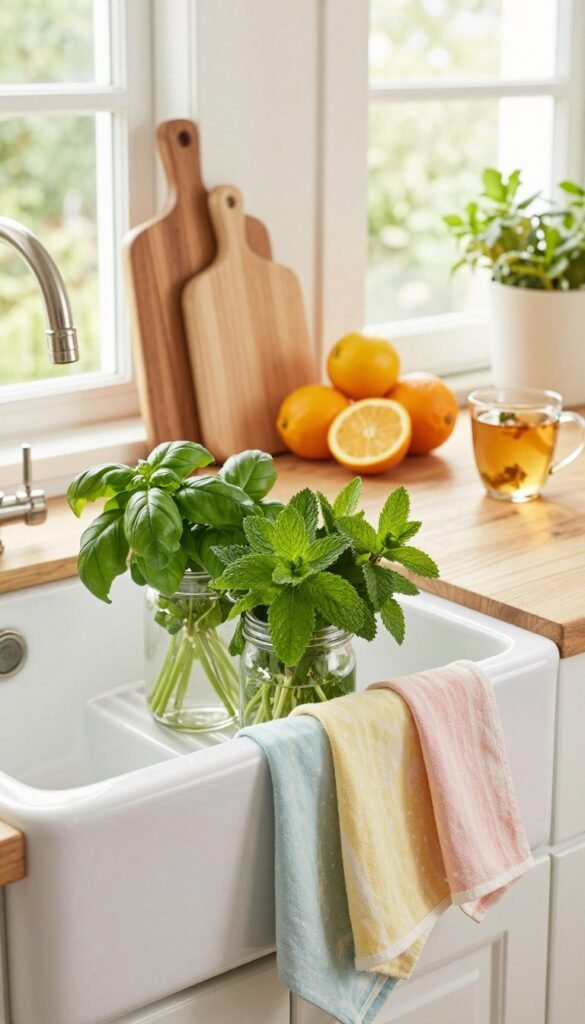 A beautifully styled kitchen featuring spring decor elements. In the foreground, a white farmhouse sink adorned with a vibrant bouquet of fresh herbs, such as basil and mint, in elegant glass jars. Soft cotton towels in pastel shades hang gracefully nearby, adding a touch of color. In the middle ground, a rustic wooden countertop showcases a few carefully arranged kitchen essentials: a chic cutting board, bright citrus fruits, and a mug of herbal tea, all reflecting a vibrant yet serene vibe. The background reveals light streaming through large windows, illuminating the kitchen space, with soft greenery visible outside. The overall mood is fresh, inviting, and functional, perfectly capturing the essence of spring decor. The image has a warm, soft focus, emulating a Pinterest-worthy lifestyle photo. Styled by CozyTrendHub.