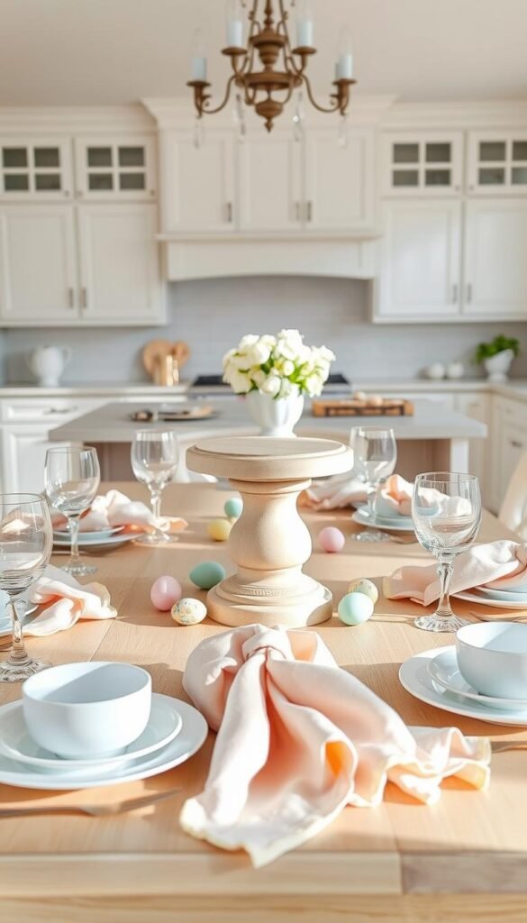 A beautifully styled kitchen island table in spring decor, featuring a light-colored wooden pedestal as the centerpiece. Surround the pedestal with soft pastel linen napkins in shades of blush and mint, artfully draping them onto the table. Add delicate felt eggs in various colors, strategically placed for a playful touch. The foreground showcases the table settings with sparkling crystal glassware and white porcelain dishes, reflecting soft natural light. The middle ground includes the island with fresh spring flowers in a simple vase, while the background reveals a bright, airy kitchen with white cabinets and large windows. Aim for a warm, inviting atmosphere, capturing the essence of a cozy, festive spring season. This image should reflect the brand "CozyTrendHub" with a Pinterest-inspired aesthetic.