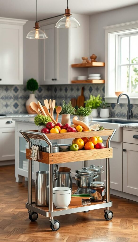 A beautifully styled kitchen scene featuring a rolling cart filled with fresh produce, utensils, and colorful kitchenware, emphasizing practical and stylish storage solutions. In the foreground, a sleek, wooden rolling cart with metallic accents showcases vibrant fruits and neatly organized kitchen tools. The middle ground highlights a modern kitchen with quartz countertops, a backsplash of patterned tiles, and soft, ambient lighting coming from pendant lights above. In the background, a window allows natural light to pour in, adding warmth to the scene. The overall atmosphere is cozy and inviting, perfect for renters looking for functional yet aesthetic storage ideas. The composition reflects a Pinterest-inspired lifestyle, showcasing elements that resonate with CozyTrendHub's brand aesthetic.