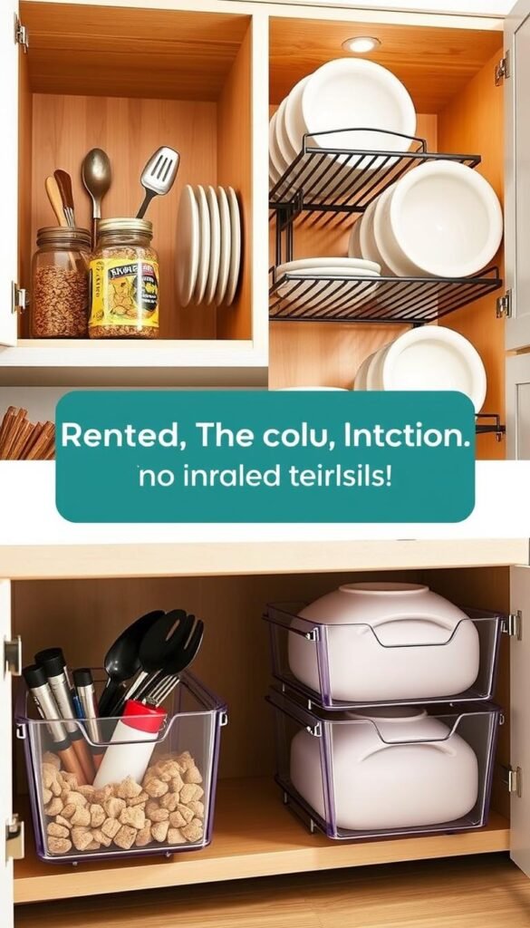 A beautifully styled kitchen scene featuring a variety of under-shelf organizers in a modern cabinet setting. The foreground showcases stylish, transparent under-shelf bins filled with spices and cooking utensils, neatly organized. In the middle, a pair of robust clip-on organizers hold plates and bowls, showcasing a functional use of vertical space. The background reveals a cozy, well-lit kitchen with warm, inviting colors and natural wood accents, creating a homely atmosphere. Soft, diffused lighting enhances the textures of the organizers and the wooden shelves, while a gentle focus emphasizes the organizers' practicality. This Pinterest-inspired image represents the brand "CozyTrendHub," encapsulating renter-friendly kitchen storage solutions that require no drilling, offering inspiration for maximizing cabinet space efficiently.