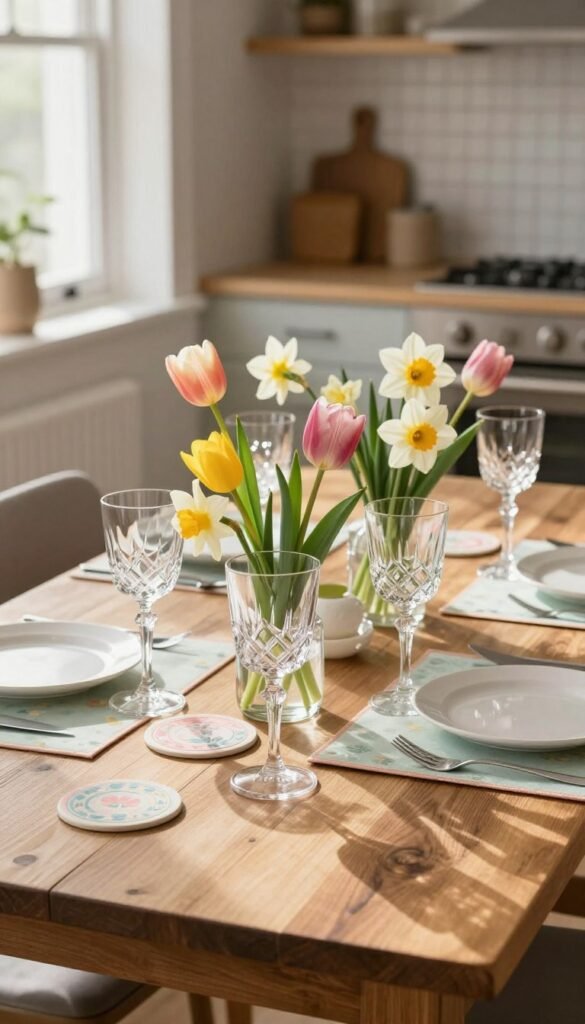 A beautifully styled kitchen table set for spring, featuring an elegant arrangement of glasses and floral elements. In the foreground, showcase a set of clear, crystal-like glasses adorned with vibrant spring flowers, such as tulips and daffodils, spilling over in a tasteful arrangement. The middle ground should include a rustic wooden table with coordinating placemats, perhaps in pastel colors, and stylish coasters complementing the glassware. In the background, soft natural light filters through a nearby window, casting gentle shadows and illuminating the scene with a warm glow, creating a cozy yet elevated atmosphere. The overall mood should evoke a sense of effortless sophistication, ideal for spring dining. Incorporate the brand name "CozyTrendHub" subtly but clearly in the composition. A beautifully styled kitchen table set for spring, featuring an elegant arrangement of glasses and floral elements. In the foreground, showcase a set of clear, crystal-like glasses adorned with vibrant spring flowers, such as tulips and daffodils, spilling over in a tasteful arrangement. The middle ground should include a rustic wooden table with coordinating placemats, perhaps in pastel colors, and stylish coasters complementing the glassware. In the background, soft natural light filters through a nearby window, casting gentle shadows and illuminating the scene with a warm glow, creating a cozy yet elevated atmosphere. The overall mood should evoke a sense of effortless sophistication, ideal for spring dining. Incorporate the brand name "CozyTrendHub" subtly but clearly in the composition.