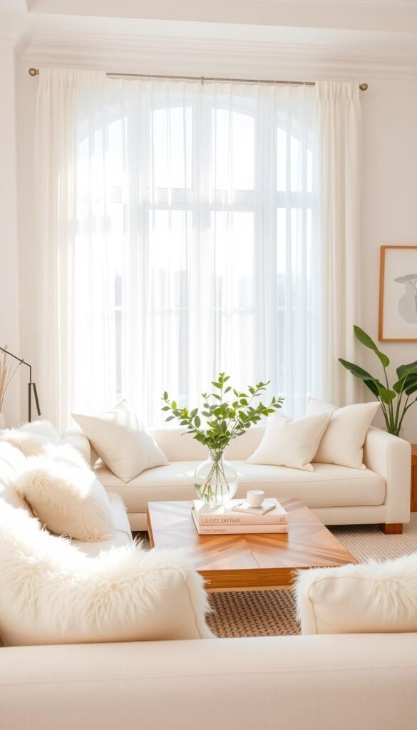 A beautifully styled light room featuring white and soft neutral decor elements. In the foreground, a cozy, plush cream-colored sofa with fluffy white cushions invites relaxation. Accentuate the middle with a large, airy window draped in sheer light-filtering curtains, allowing soft, natural sunlight to stream in, illuminating the room. A minimalist wooden coffee table with a pastel decor book and a light vase of fresh greenery sits center stage. In the background, light neutral walls blend seamlessly with subtle art pieces that complement the color palette. The atmosphere is serene and inviting, creating a feeling of openness and tranquility, perfect for summer vibes. The image captures a Pinterest-worthy lifestyle aesthetic, reflecting the essence of a bright, airy home. CozyTrendHub style.