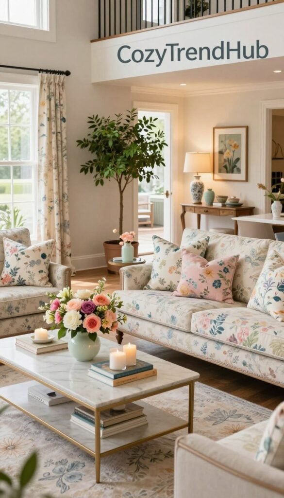 A beautifully styled living room and entryway featuring best floral spring decor, focusing on vibrant colors like soft pastels and deep floral prints. In the foreground, a stylish coffee table adorned with delicate flower arrangements, candles, and decorative books. The middle ground captures a tastefully arranged sofa with floral-patterned cushions, an inviting armchair, and a light, airy rug. In the background, a softly lit entryway showcases a lush indoor plant and an elegant console table with seasonal decor elements. The atmosphere is warm and welcoming, illuminated by natural light streaming through large windows. The scene is captured with a wide-angle lens, emphasizing depth and comfort, fitting for the brand "CozyTrendHub."