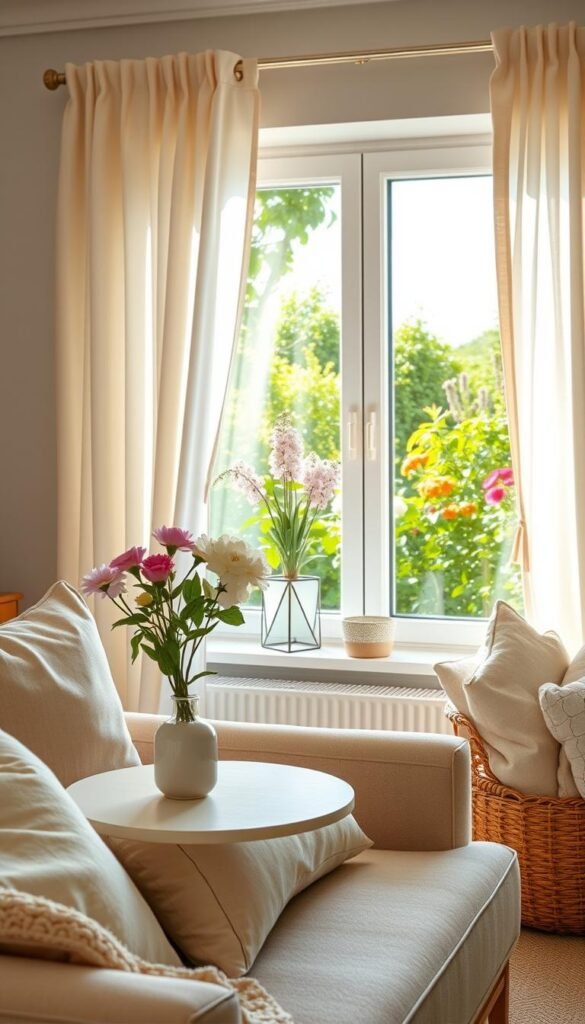 A beautifully styled living room celebrating "home spring" with fresh, bright decor. In the foreground, a cozy sofa adorned with pastel cushions and a soft throw is complemented by a small, minimalist coffee table topped with blooming flowers in a simple vase. The middle ground features a window allowing warm, natural light to flood in, illuminating a decorative plant in a geometric planter and a basket of soft blankets. In the background, light curtains flutter gently, framing a glimpse of a vibrant garden outside, filled with blooming flowers and green foliage. The overall atmosphere is cheerful and rejuvenating, evoking a sense of freshness and tranquility. The image should reflect a Pinterest-inspired lifestyle aesthetic, suitable for CozyTrendHub. A beautifully styled living room celebrating "home spring" with fresh, bright decor. In the foreground, a cozy sofa adorned with pastel cushions and a soft throw is complemented by a small, minimalist coffee table topped with blooming flowers in a simple vase. The middle ground features a window allowing warm, natural light to flood in, illuminating a decorative plant in a geometric planter and a basket of soft blankets. In the background, light curtains flutter gently, framing a glimpse of a vibrant garden outside, filled with blooming flowers and green foliage. The overall atmosphere is cheerful and rejuvenating, evoking a sense of freshness and tranquility. The image should reflect a Pinterest-inspired lifestyle aesthetic, suitable for CozyTrendHub.
