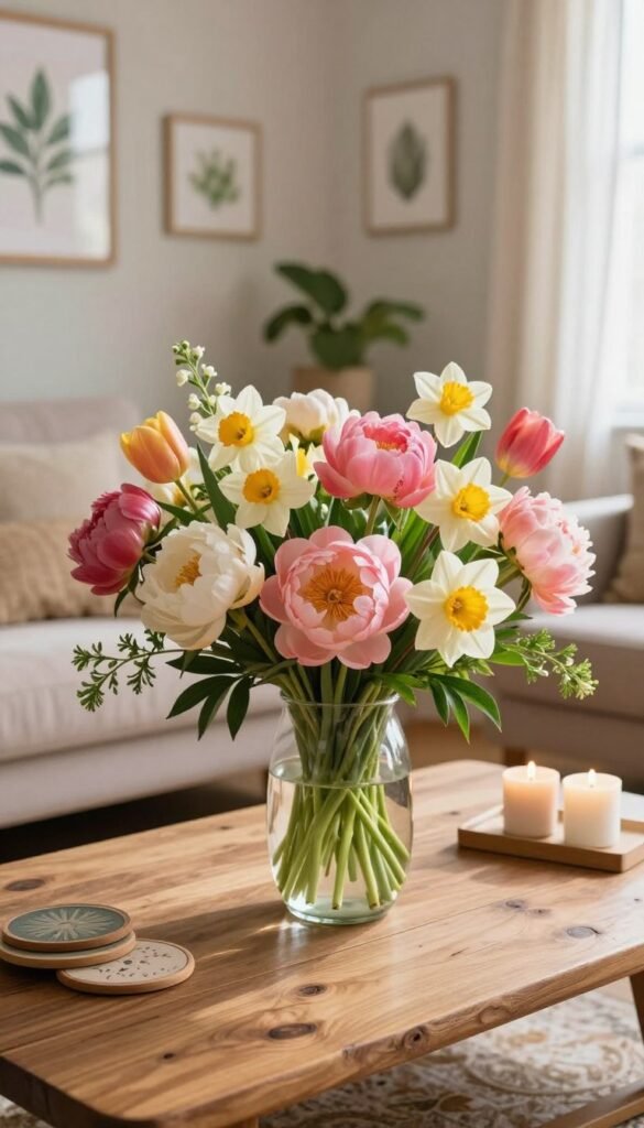 A beautifully styled living room centerpiece featuring a vibrant, fresh floral arrangement bursting with spring colors. The foreground showcases an elegant glass vase filled with peonies, tulips, and daffodils, arranged artfully with greenery. In the middle, a rustic wooden coffee table complements the centerpiece, adorned with subtle decor accents like coasters and candles. The background hints at soft pastel walls with framed botanical prints, creating a welcoming atmosphere. Natural light filters through sheer curtains, casting a warm, inviting glow across the room. The composition is captured from a slightly elevated angle, offering a comprehensive view of the vibrant arrangement while maintaining an intimate feel. Ideal for inspiring readers, the image embodies the essence of spring decor. CozyTrendHub branding subtly integrated.