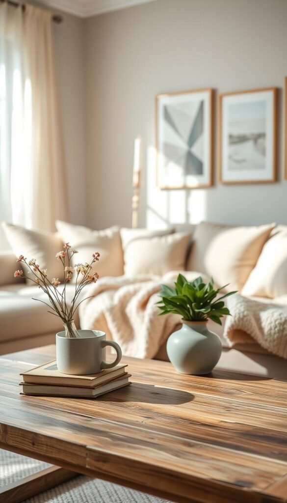 A beautifully styled living room coffee table in a shared home setting, featuring a cozy arrangement of pastel-colored decor elements for spring. In the foreground, a rustic wooden coffee table is adorned with a delicate floral arrangement in a simple vase, a stack of vintage books, and a ceramic mug. In the middle, a soft, inviting textured blanket is draped over the table, while a small potted plant adds a touch of greenery. The background showcases a neutral-toned wall with stylish artwork and a hint of sunlight streaming through sheer curtains, creating a warm atmosphere. The image captures a bright, airy mood, perfect for a communal space, showcasing seasonal decor ideas. Shot with a 35mm lens, with soft focus and natural lighting. CozyTrendHub.