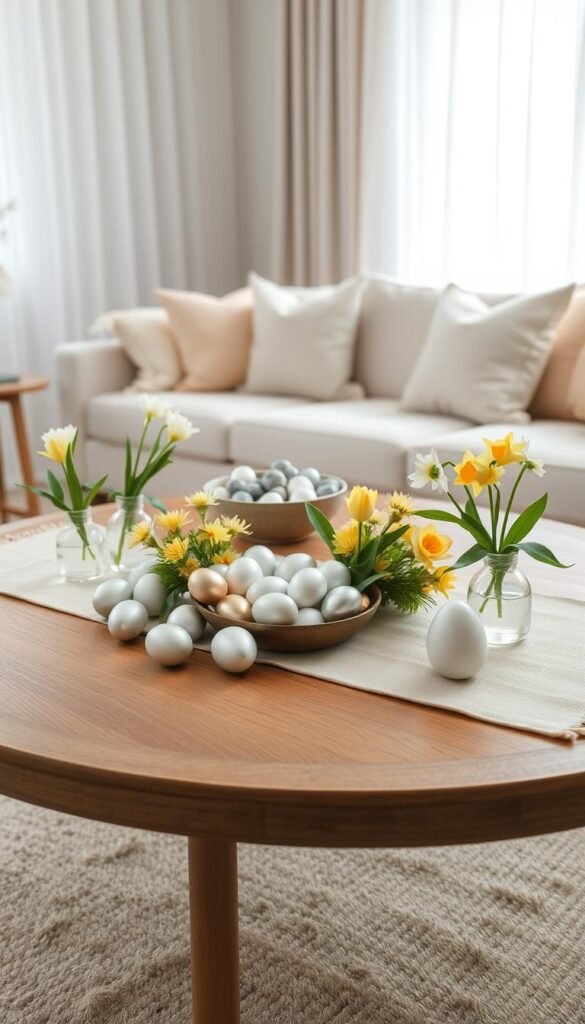 A beautifully styled living room coffee table set for Easter, featuring a large, round wooden table in the foreground. The table is topped with a soft, neutral linen runner and elegantly arranged pastel-colored Easter eggs, some silver and gold-gilded for a touch of elegance. Surrounding the eggs are fresh spring flowers like tulips and daffodils in small vases. In the middle ground, a cozy couch with light-colored cushions enhances the inviting atmosphere, while a tasteful decorative bowl holds decorative stones. The backdrop shows soft, diffused natural light filling the room through sheer curtains, creating a warm and cheerful ambiance. The overall mood should feel calm and sophisticated, perfect for the brand "CozyTrendHub," evoking a Pinterest-style lifestyle image.