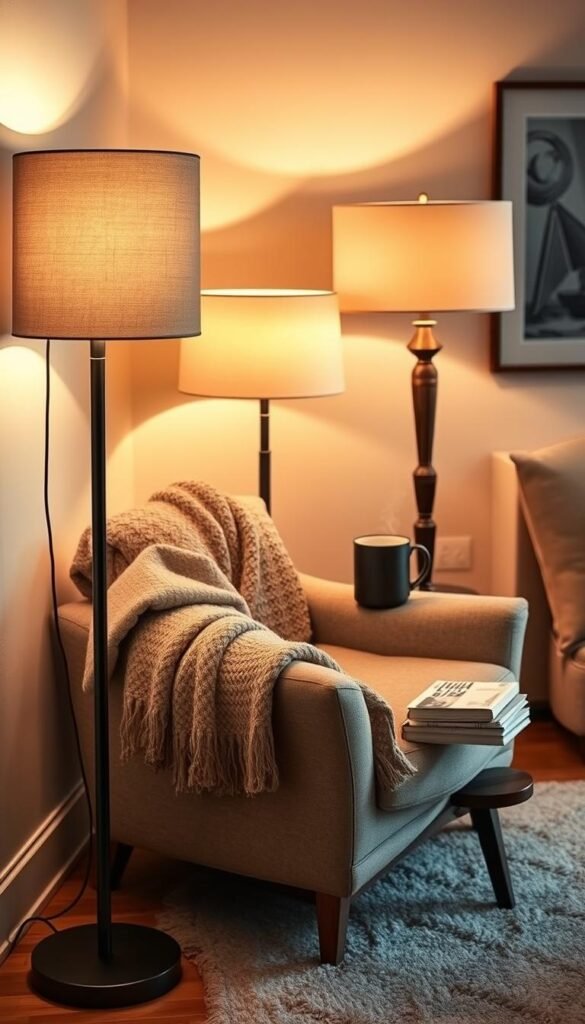 A beautifully styled living room corner featuring a selection of elegant floor lamps that exude warmth and coziness. In the foreground, a modern, slender floor lamp with a soft, fabric shade casting a gentle glow, combined with a vintage European-style lamp with a brass finish. The middle ground showcases a plush armchair draped with a knitted throw and a small wooden side table holding a steaming mug of tea and a stack of books. In the background, soft-focus wall art and a cozy rug complete the inviting atmosphere. The lighting is warm and inviting, creating an ambiance perfect for relaxation. Shot with a 50mm lens from a low angle to accentuate the lamps, this Pinterest-style image highlights cozy home decor ideal for any season, by CozyTrendHub. A beautifully styled living room corner featuring a selection of elegant floor lamps that exude warmth and coziness. In the foreground, a modern, slender floor lamp with a soft, fabric shade casting a gentle glow, combined with a vintage European-style lamp with a brass finish. The middle ground showcases a plush armchair draped with a knitted throw and a small wooden side table holding a steaming mug of tea and a stack of books. In the background, soft-focus wall art and a cozy rug complete the inviting atmosphere. The lighting is warm and inviting, creating an ambiance perfect for relaxation. Shot with a 50mm lens from a low angle to accentuate the lamps, this Pinterest-style image highlights cozy home decor ideal for any season, by CozyTrendHub.