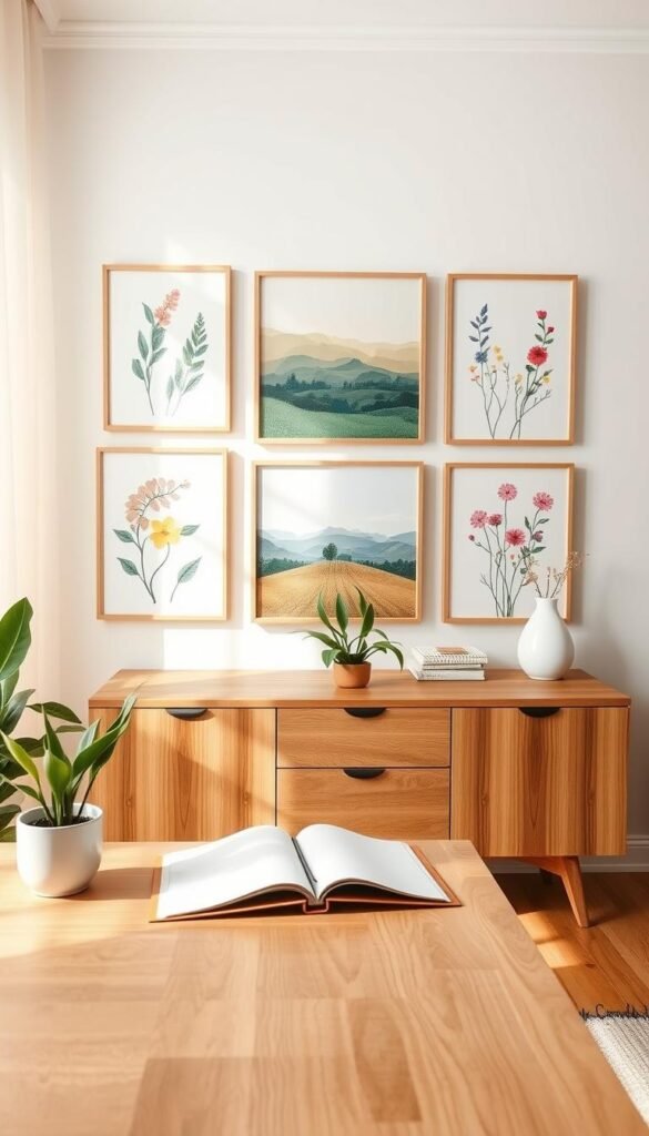 A beautifully styled living room corner showcasing spring wall art, featuring a collection of vibrant seasonal prints in pastel colors. In the foreground, a simple wooden desk adorned with a small potted plant and a stylish open notebook, creating an inviting workspace. In the middle, a gallery wall displays framed botanical illustrations, cheerful landscapes, and abstract floral designs, all arranged harmoniously without new frames. The background features soft, natural light streaming in through a window, casting a warm glow that enhances the colors of the artwork. The mood is fresh and uplifting, perfect for spring, with a cozy yet modern aesthetic. This image is inspired by CozyTrendHub, embodying a trendy and inviting home decor style that reflects the joyful spirit of the season. A beautifully styled living room corner showcasing spring wall art, featuring a collection of vibrant seasonal prints in pastel colors. In the foreground, a simple wooden desk adorned with a small potted plant and a stylish open notebook, creating an inviting workspace. In the middle, a gallery wall displays framed botanical illustrations, cheerful landscapes, and abstract floral designs, all arranged harmoniously without new frames. The background features soft, natural light streaming in through a window, casting a warm glow that enhances the colors of the artwork. The mood is fresh and uplifting, perfect for spring, with a cozy yet modern aesthetic. This image is inspired by CozyTrendHub, embodying a trendy and inviting home decor style that reflects the joyful spirit of the season.