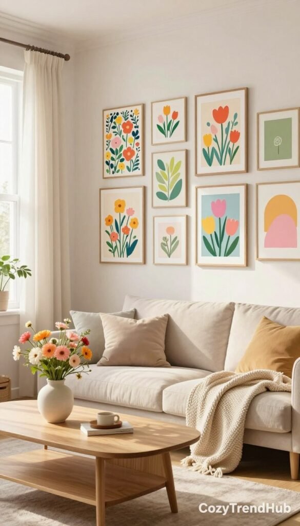 A beautifully styled living room corner with vibrant wall art printables, featuring colorful floral patterns and abstract designs, evoking the essence of spring. In the foreground, a bright, minimalistic wooden coffee table holds fresh flowers in a ceramic vase, while a cozy knit throw is draped across a soft, neutral-toned couch. In the middle, the gallery wall displays various framed art pieces in an eclectic yet harmonious arrangement, with hints of pastel colors and greenery. The background reveals a sunny window with sheer curtains, allowing soft, warm natural light to flood the space, enhancing the inviting atmosphere. The scene captures a serene and cheerful mood, perfect for creating a refreshing spring vibe in any home. Designed for "CozyTrendHub" aesthetic. A beautifully styled living room corner with vibrant wall art printables, featuring colorful floral patterns and abstract designs, evoking the essence of spring. In the foreground, a bright, minimalistic wooden coffee table holds fresh flowers in a ceramic vase, while a cozy knit throw is draped across a soft, neutral-toned couch. In the middle, the gallery wall displays various framed art pieces in an eclectic yet harmonious arrangement, with hints of pastel colors and greenery. The background reveals a sunny window with sheer curtains, allowing soft, warm natural light to flood the space, enhancing the inviting atmosphere. The scene captures a serene and cheerful mood, perfect for creating a refreshing spring vibe in any home. Designed for "CozyTrendHub" aesthetic.
