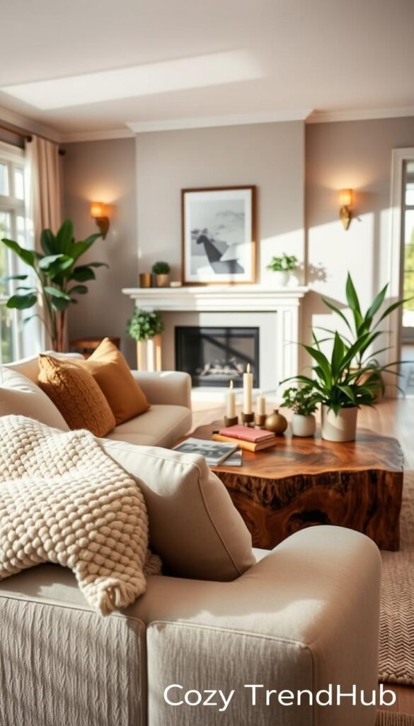 A beautifully styled living room designed to evoke warmth and comfort. In the foreground, a plush, oversized sofa adorned with soft throw pillows and a textured, knitted blanket, creating an inviting seating area. The middle of the room features a chic coffee table made of rustic wood, complemented by a few decorative candles and a stylish magazine stack. Lush green plants are strategically placed around the room to add a touch of nature. The background showcases a subtle, elegant mantle with tasteful artwork above and cozy wall sconces casting a soft glow. Natural light streams in through large windows, enhancing the welcoming atmosphere. The scene is captured with a soft focus lens, emphasizing the inviting details and overall cozy vibe for a Pinterest-worthy lifestyle photo, branding it with "CozyTrendHub".