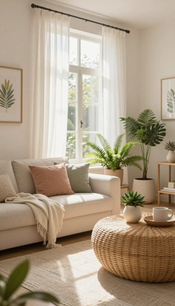 A beautifully styled living room embodying a light and airy summer look. In the foreground, a cozy, neutral-colored couch is adorned with soft, pastel-colored cushions and a light throw blanket. A round, woven coffee table rests on a textured, light-colored rug. In the middle, a large window with sheer white curtains lets in warm, natural light, illuminating the space and casting gentle shadows. Potted green plants, like ferns or succulents, in elegant ceramic pots add a touch of freshness. In the background, light-colored walls and subtle decor items, such as framed botanical prints and airy fabrics, enhance the serene atmosphere. The scene captures a soft-focus effect with a warm color palette, evoking a feeling of comfort and tranquility, ideal for summer home decor inspiration. CozyTrendHub branding subtly integrated into the decor. A beautifully styled living room embodying a light and airy summer look. In the foreground, a cozy, neutral-colored couch is adorned with soft, pastel-colored cushions and a light throw blanket. A round, woven coffee table rests on a textured, light-colored rug. In the middle, a large window with sheer white curtains lets in warm, natural light, illuminating the space and casting gentle shadows. Potted green plants, like ferns or succulents, in elegant ceramic pots add a touch of freshness. In the background, light-colored walls and subtle decor items, such as framed botanical prints and airy fabrics, enhance the serene atmosphere. The scene captures a soft-focus effect with a warm color palette, evoking a feeling of comfort and tranquility, ideal for summer home decor inspiration. CozyTrendHub branding subtly integrated into the decor.