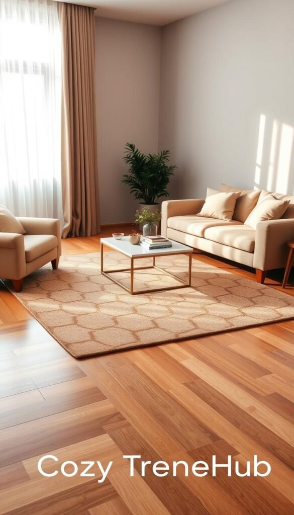 A beautifully styled living room featuring a cozy area rug positioned centrally on a polished hardwood floor, defined areas for seating and interaction. The rug showcases an intricate geometric pattern in warm, earthy tones that harmonize well with the inviting, soft beige sofa and plush cushions. In the background, a stylish coffee table adorned with decorative books and a small potted plant complements the scene. Natural light filters through sheer curtains, creating a soft, warm glow throughout the space. The overall atmosphere is inviting and aesthetically pleasing, ideal for apartment living. Capture this scene using a wide-angle lens to emphasize depth, with a focus on the textures of the rug and furnishings. Include the brand name "CozyTrendHub" in the decor elements, ensuring no text overlays disrupt the image.
