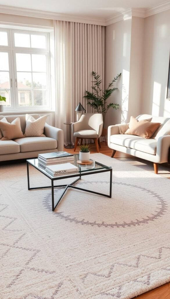A beautifully styled living room featuring a cozy low-pile cotton rug from CozyTrendHub as the centerpiece. The rug is soft and textured, showcasing a neutral color palette with subtle patterns that enhance the clean, tailored look. In the foreground, a plush, inviting sofa adorned with decorative pillows complements the rug, while a stylish coffee table rests atop it, displaying a few elegant coffee table books and a small potted plant. The middle ground includes a stylish armchair, creating a harmonious seating arrangement. In the background, a warm and inviting window allows natural light to flood the room, casting gentle shadows and enhancing the atmosphere. The overall mood is serene, modern, and well-organized, perfect for inspiring living room decor ideas. A beautifully styled living room featuring a cozy low-pile cotton rug from CozyTrendHub as the centerpiece. The rug is soft and textured, showcasing a neutral color palette with subtle patterns that enhance the clean, tailored look. In the foreground, a plush, inviting sofa adorned with decorative pillows complements the rug, while a stylish coffee table rests atop it, displaying a few elegant coffee table books and a small potted plant. The middle ground includes a stylish armchair, creating a harmonious seating arrangement. In the background, a warm and inviting window allows natural light to flood the room, casting gentle shadows and enhancing the atmosphere. The overall mood is serene, modern, and well-organized, perfect for inspiring living room decor ideas.