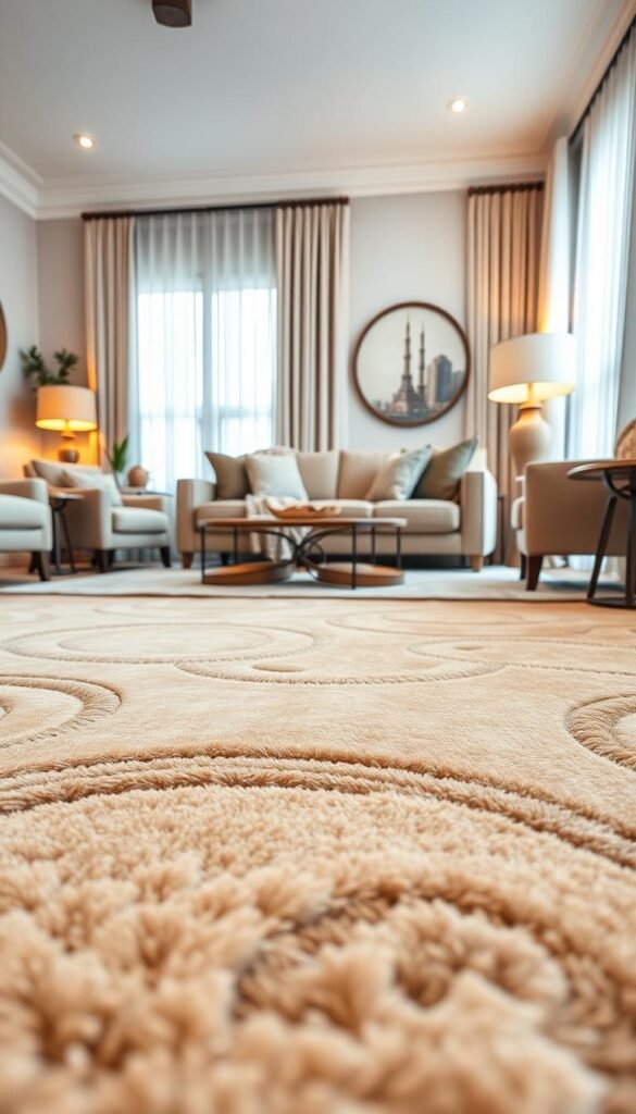 A beautifully styled living room featuring a large, plush area rug in warm tones, intricately patterned with soft, organic shapes. The foreground captures the rug in detail, showcasing its texture and design, inviting a sense of comfort. In the middle ground, a cozy seating arrangement of a neutral-toned sofa and accent chairs complements the rug, adorned with stylish throw pillows and a soft blanket. The background reveals a welcoming atmosphere, with warm ambient lighting emanating from elegant lamps, and natural light streaming through sheer curtains. The overall mood is inviting and serene, perfect for a cozy home. The image should convey a sense of warmth and style, embodying the essence of "CozyTrendHub" lifestyle decor.