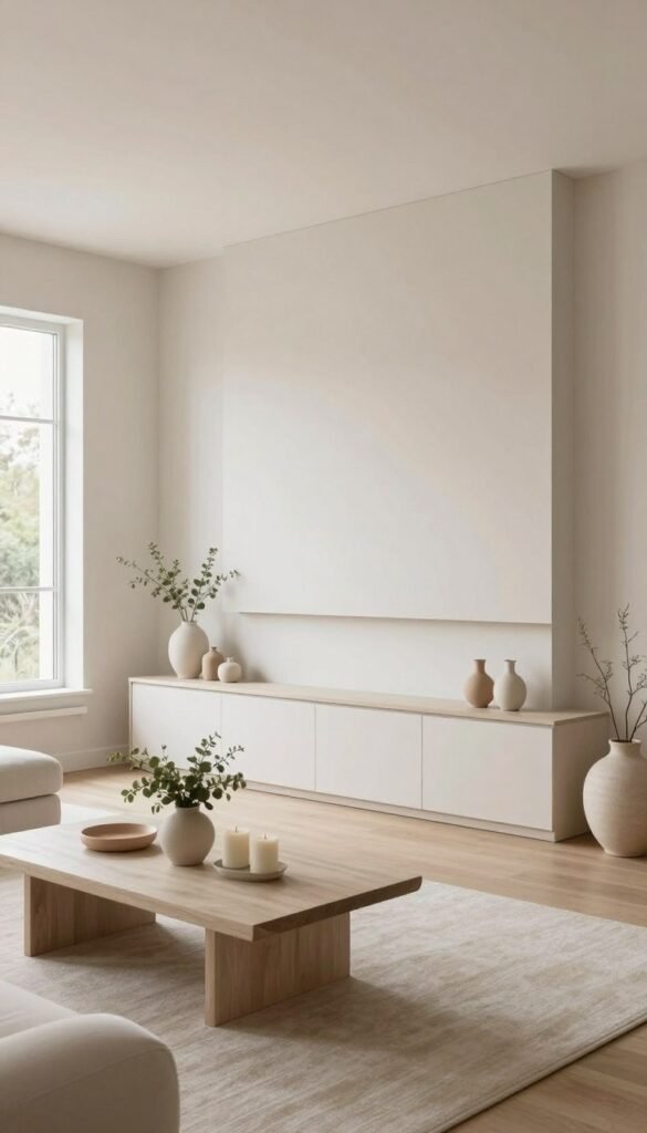 A beautifully styled living room featuring a light and airy mantel as the focal point. In the foreground, an elegantly arranged mantel adorned with soft pastel decor items like ceramic vases, minimalistic candles, and faux greenery. The middle ground reveals a sleek media wall, seamlessly integrated with neutral tones and subtle textures, without any clutter. In the background, large windows allow natural light to flood the space, enhancing the bright atmosphere. The scene is shot with a wide-angle lens from a slightly elevated perspective to capture the entire ensemble. The overall mood is serene and inviting, embodying a sense of tranquility and sophistication. Perfect for a Pinterest-inspired aesthetic. CozyTrendHub. A beautifully styled living room featuring a light and airy mantel as the focal point. In the foreground, an elegantly arranged mantel adorned with soft pastel decor items like ceramic vases, minimalistic candles, and faux greenery. The middle ground reveals a sleek media wall, seamlessly integrated with neutral tones and subtle textures, without any clutter. In the background, large windows allow natural light to flood the space, enhancing the bright atmosphere. The scene is shot with a wide-angle lens from a slightly elevated perspective to capture the entire ensemble. The overall mood is serene and inviting, embodying a sense of tranquility and sophistication. Perfect for a Pinterest-inspired aesthetic. CozyTrendHub.