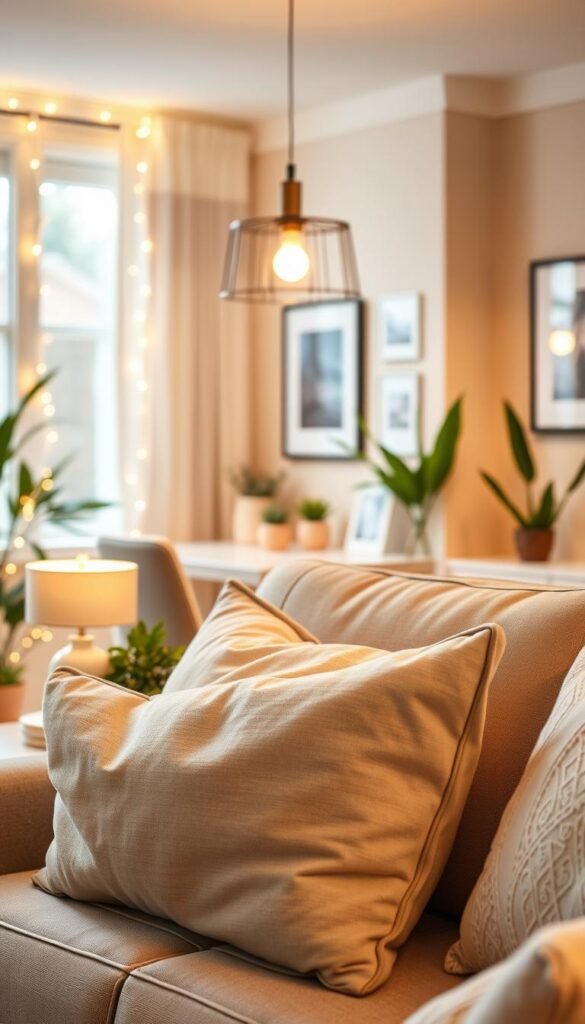 A beautifully styled living room featuring a "lighting comfort mix" that exudes warmth and relaxation. In the foreground, a cozy, plush sofa adorned with soft, neutral-colored throw pillows invites relaxation. A side table with a softly glowing lamp provides focused light, while subtle fairy lights hang artfully along the window. In the middle ground, a stylish pendant light hangs from the ceiling, casting a warm glow over the space. The background reveals a tastefully decorated wall with framed artwork, complemented by soft textures and natural elements like indoor plants. The lighting is soft and inviting, emphasizing a serene atmosphere, perfect for unwinding. Capture this scene with a warm color palette and a slightly blurred background for depth. This aspirational image should embody the essence of comfort lighting for CozyTrendHub.