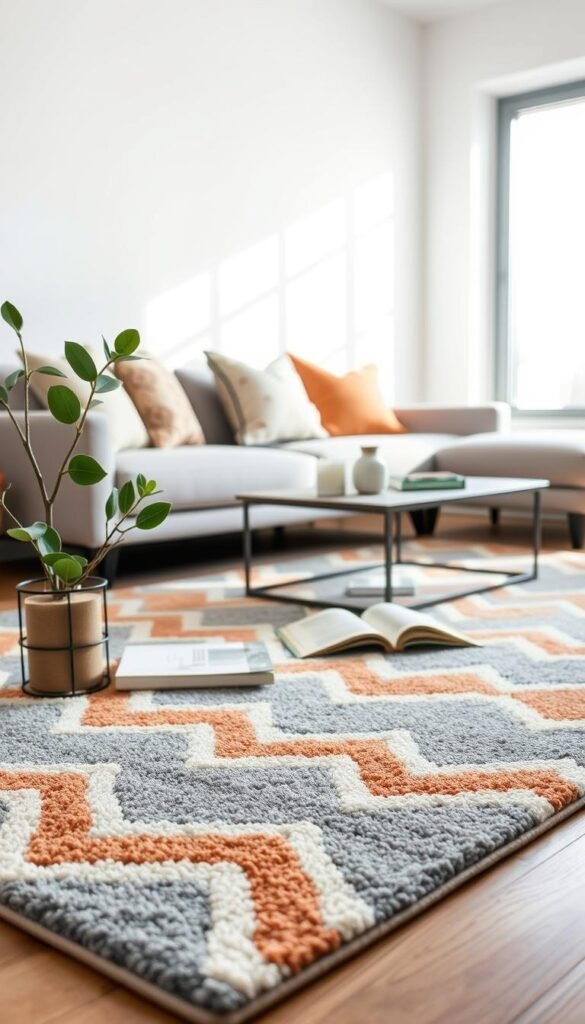 A beautifully styled living room featuring a low-pile area rug as the focal point, showcasing its vibrant geometric patterns in muted colors—a combination of soft gray, cream, and hints of warm terracotta. In the foreground, a cozy coffee table is adorned with a few elegant decor items: a small potted plant, a stylish candle, and an open book. The middle ground captures the plush low-pile rug, emphasizing its texture and ease of maintenance, ideal for homes with pets. In the background, a modern sofa with decorative throw pillows and a subtle textured wall adds depth to the scene. Natural soft lighting streams in from a large window, creating a warm, inviting atmosphere. This image embodies the essence of contemporary decor, styled for CozyTrendHub. A beautifully styled living room featuring a low-pile area rug as the focal point, showcasing its vibrant geometric patterns in muted colors—a combination of soft gray, cream, and hints of warm terracotta. In the foreground, a cozy coffee table is adorned with a few elegant decor items: a small potted plant, a stylish candle, and an open book. The middle ground captures the plush low-pile rug, emphasizing its texture and ease of maintenance, ideal for homes with pets. In the background, a modern sofa with decorative throw pillows and a subtle textured wall adds depth to the scene. Natural soft lighting streams in from a large window, creating a warm, inviting atmosphere. This image embodies the essence of contemporary decor, styled for CozyTrendHub.