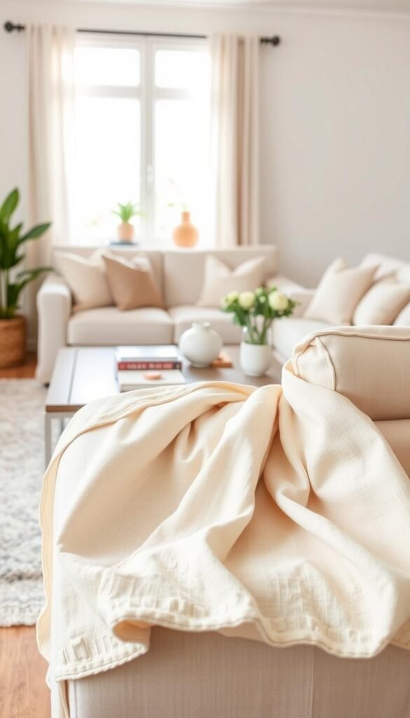 A beautifully styled living room featuring a neutral linen slipcover throw draped elegantly over a plush, light-colored sofa. In the foreground, the slipcover showcases its texture and soft folds, with subtle variations in tone that highlight its quality and comfort. The middle of the image captures a chic coffee table adorned with minimalist decor items, such as a few decorative books and a small potted plant, all in neutral colors. In the background, a softly lit window allows natural light to cascade in, enhancing the serene atmosphere. The room exudes a cozy, inviting vibe, perfect for seasonal decor swaps. The overall composition should reflect the stylish essence of home decor, reminiscent of the brand "CozyTrendHub". Use warm, soft lighting to create a calm, welcoming mood, shot with a wide-angle lens for an expansive view.
