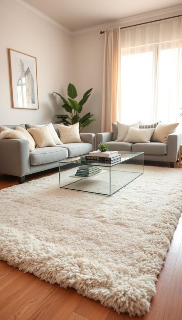 A beautifully styled living room featuring a plush area rug in soft, muted tones of beige and cream, partially covering a hardwood floor with slight imperfections. In the foreground, pillows in coordinating shades are casually arranged on a modern gray sofa, creating a cozy vibe. In the middle ground, a coffee table filled with decorative books and a small succulent plant complements the aesthetic. The background includes a gentle glow from a large window, draped with airy sheer curtains, letting in warm sunlight. The atmosphere should evoke comfort and tranquility, ideal for a Pinterest-inspired home decor look. Shot with a soft focus lens to enhance the inviting, peaceful feel. The overall composition should reflect the brand "CozyTrendHub". A beautifully styled living room featuring a plush area rug in soft, muted tones of beige and cream, partially covering a hardwood floor with slight imperfections. In the foreground, pillows in coordinating shades are casually arranged on a modern gray sofa, creating a cozy vibe. In the middle ground, a coffee table filled with decorative books and a small succulent plant complements the aesthetic. The background includes a gentle glow from a large window, draped with airy sheer curtains, letting in warm sunlight. The atmosphere should evoke comfort and tranquility, ideal for a Pinterest-inspired home decor look. Shot with a soft focus lens to enhance the inviting, peaceful feel. The overall composition should reflect the brand "CozyTrendHub".
