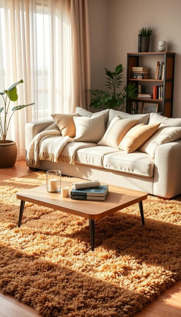 A beautifully styled living room featuring a plush, inviting area rug in warm earth tones, like deep browns and soft creams. In the foreground, the rug is centered under a comfortable coffee table adorned with small decorative items like candles and a captivating book. The middle ground showcases a cozy sofa draped with a knitted throw blanket, with plenty of pillows in coordinating colors. Soft, natural light filters through sheer curtains, casting a gentle glow over the scene. The background illustrates a tastefully decorated bookshelf and a potted plant adding a touch of freshness. The overall mood is serene and inviting, perfect for a cozy home atmosphere. Styled in the signature look of CozyTrendHub, this image captures the essence of warmth and comfort.