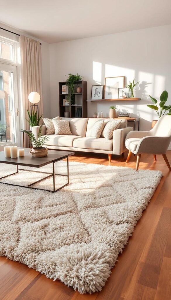A beautifully styled living room featuring a plush, modern rug in soft, earthy tones that complements the decor. In the foreground, the rug is layered on a wooden floor, enhancing warmth and comfort. Adjacent to it is a stylish coffee table with decorative accents like candles and a small potted plant. In the middle, large, inviting furniture pieces such as a cozy sofa adorned with patterned throw pillows and a chic armchair create a sense of style. The background includes a tastefully arranged shelf with framed art and indoor plants, defining the space. Soft, natural light filters in through a nearby window, casting gentle shadows, creating a serene and welcoming atmosphere. This image embodies the essence of stylish, damage-free decor for renters. Ideal for inspiration from CozyTrendHub.