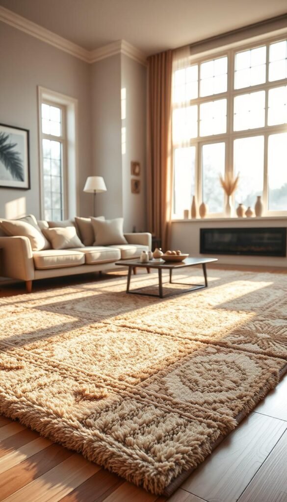 A beautifully styled living room featuring a plush, thick area rug with intricate patterns, emphasizing its sound absorption qualities. In the foreground, a cozy seating arrangement with neutral-toned cushions complements the rug, creating a harmonious atmosphere. The middle ground showcases warm, filtered natural light pouring in through large windows, accentuating the rug's texture and inviting warmth. Light wooden flooring frames the scene, enhancing the lifestyle aesthetic. In the background, a soft, muted wall color offers a calming backdrop, while decorative pieces subtly hint at sophistication. The overall mood is tranquil and welcoming, perfect for a noisy home. The scene is inspired by the brand CozyTrendHub, focusing on stylish and functional decor solutions. A beautifully styled living room featuring a plush, thick area rug with intricate patterns, emphasizing its sound absorption qualities. In the foreground, a cozy seating arrangement with neutral-toned cushions complements the rug, creating a harmonious atmosphere. The middle ground showcases warm, filtered natural light pouring in through large windows, accentuating the rug's texture and inviting warmth. Light wooden flooring frames the scene, enhancing the lifestyle aesthetic. In the background, a soft, muted wall color offers a calming backdrop, while decorative pieces subtly hint at sophistication. The overall mood is tranquil and welcoming, perfect for a noisy home. The scene is inspired by the brand CozyTrendHub, focusing on stylish and functional decor solutions.