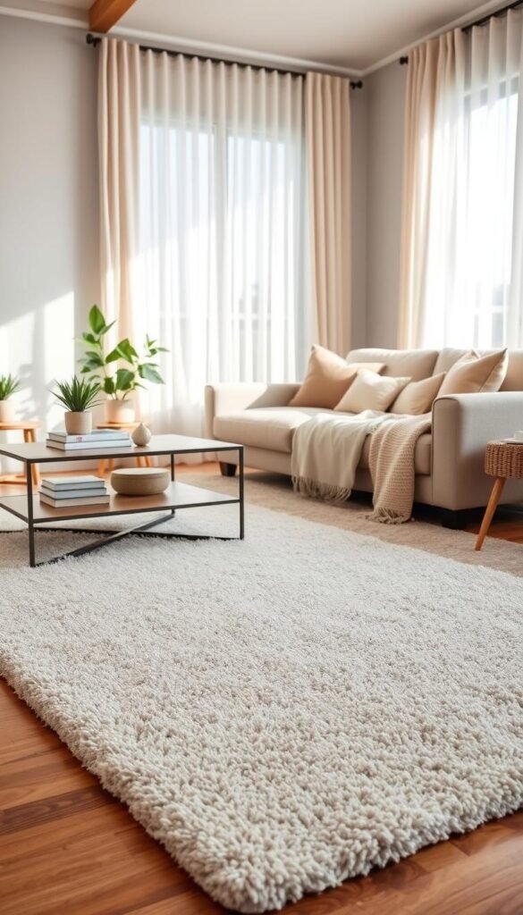 A beautifully styled living room featuring a plush, washable textured area rug from CozyTrendHub. The rug, in warm neutral tones, has a soft, inviting texture that enhances the cozy atmosphere. In the foreground, the rug is placed on polished hardwood flooring, with a tasteful coffee table adorned with a few decorative books and a small potted plant. The middle section showcases a comfortable couch draped with a soft throw blanket, complemented by an assortment of plush pillows. In the background, a large window lets in soft natural light, casting gentle shadows, while sheer curtains sway slightly. The overall mood is warm and welcoming, perfect for an inviting home decor scene. The composition captures a stylish, serene ambiance, ideal for highlighting the rug as a neutral essential.