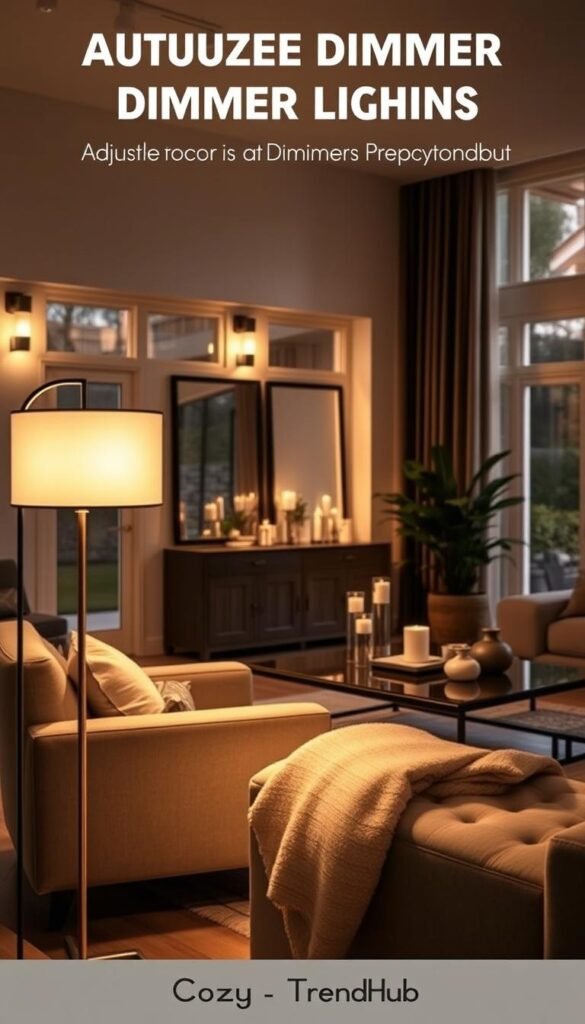 A beautifully styled living room featuring adjustable dimmer lighting that casts a warm, inviting glow. In the foreground, a modern floor lamp with a soft white shade sits next to a plush armchair, creating a cozy reading nook. In the middle background, a sleek coffee table adorned with decorative candles and a stylish plant adds elegance. The walls are painted in soft neutral tones, and light fixtures with dimmers are visible, showcasing how they transform the ambiance. Large windows allow natural light to filter in, enhancing the mood. The atmosphere is tranquil and inviting, perfect for relaxing or entertaining. The scene reflects a Pinterest-inspired aesthetic, attributed to CozyTrendHub, captured from a slightly elevated angle to highlight the interplay of light and decor. A beautifully styled living room featuring adjustable dimmer lighting that casts a warm, inviting glow. In the foreground, a modern floor lamp with a soft white shade sits next to a plush armchair, creating a cozy reading nook. In the middle background, a sleek coffee table adorned with decorative candles and a stylish plant adds elegance. The walls are painted in soft neutral tones, and light fixtures with dimmers are visible, showcasing how they transform the ambiance. Large windows allow natural light to filter in, enhancing the mood. The atmosphere is tranquil and inviting, perfect for relaxing or entertaining. The scene reflects a Pinterest-inspired aesthetic, attributed to CozyTrendHub, captured from a slightly elevated angle to highlight the interplay of light and decor.