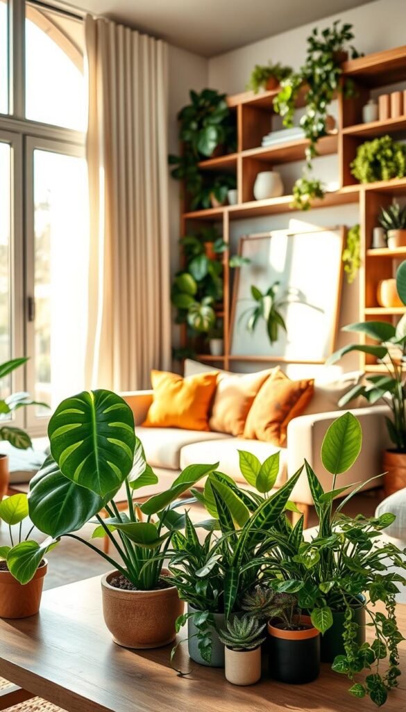 A beautifully styled living room featuring an abundance of greenery. In the foreground, lush houseplants like a fiddle leaf fig, snake plants, and small potted succulents are artfully arranged on a modern coffee table. The middle layer showcases a cozy sofa adorned with vibrant cushions, positioned near a large window that floods the room with warm, natural light. Soft, flowing curtains frame the window, adding to the serene ambiance. In the background, a bookshelf filled with decorative items and more plants enhances the inviting atmosphere. The overall mood is fresh and rejuvenated, evoking a sense of comfort and tranquility, perfect for a cozy living space. This image is designed to reflect a stylish lifestyle and decor inspiration from CozyTrendHub. A beautifully styled living room featuring an abundance of greenery. In the foreground, lush houseplants like a fiddle leaf fig, snake plants, and small potted succulents are artfully arranged on a modern coffee table. The middle layer showcases a cozy sofa adorned with vibrant cushions, positioned near a large window that floods the room with warm, natural light. Soft, flowing curtains frame the window, adding to the serene ambiance. In the background, a bookshelf filled with decorative items and more plants enhances the inviting atmosphere. The overall mood is fresh and rejuvenated, evoking a sense of comfort and tranquility, perfect for a cozy living space. This image is designed to reflect a stylish lifestyle and decor inspiration from CozyTrendHub.