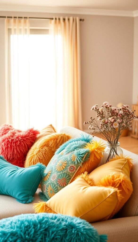 A beautifully styled living room featuring an array of decorative pillows in vibrant summer colors. In the foreground, a cozy sofa adorned with fluffy, patterned cushions in shades of coral, turquoise, and sunny yellow invites relaxation. Next to the sofa, a small coffee table adorned with a delicate vase of fresh wildflowers adds a touch of nature. The middle section of the room showcases a large window with sheer curtains letting in warm, natural light, enhancing the cheerful atmosphere. In the background, neutral-toned walls and light wood flooring complement the colorful decor, creating a harmonious balance. The overall mood is bright, inviting, and summery, perfect for a refreshing home decor inspiration. Captured in bright daylight with a soft focus, ensuring a warm and welcoming feel. This is a signature cozy look by CozyTrendHub.