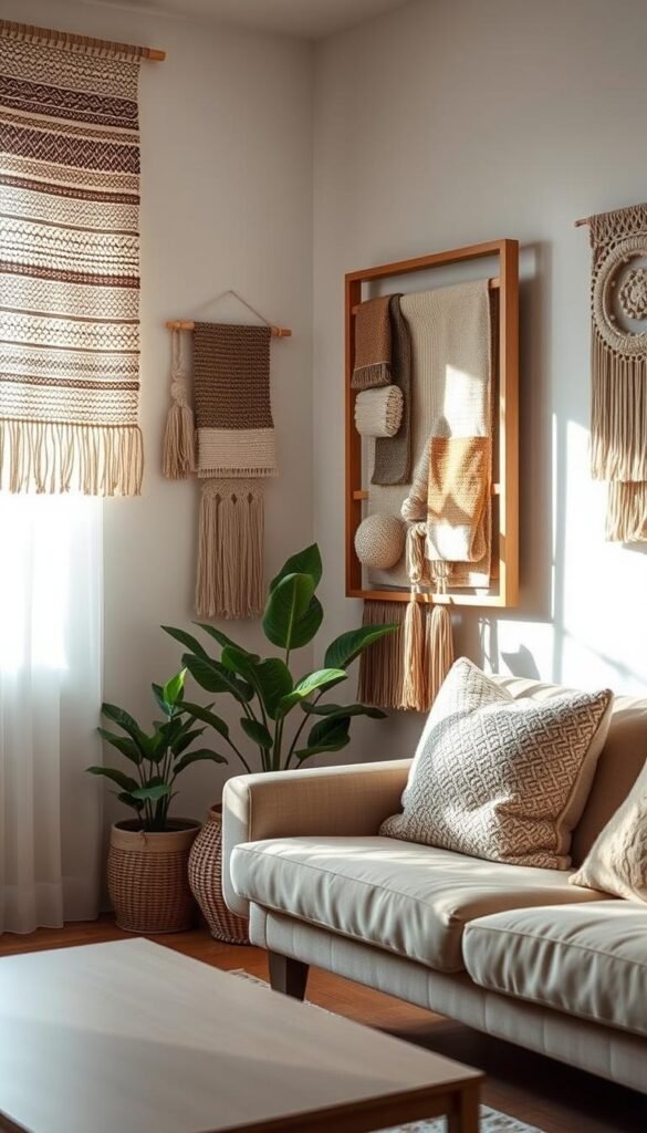 A beautifully styled living room featuring an array of textile wall hangings that create a cozy and inviting atmosphere. In the foreground, a woven tapestry with intricate patterns in earthy tones hangs elegantly, catching soft natural light that filters through a nearby window. The middle ground showcases a frame filled with various fabric swatches and macram&eacute; designs, adding depth and texture. A potted plant sits beside the wall hangings, enhancing the warm vibe. The background features a neutral-colored sofa adorned with textured cushions, contributing to a relaxed, homey feel. The lighting is soft and diffuse, suggesting a serene late afternoon ambiance. This image represents stylish apartment decor that emphasizes comfort without the need for drilling. Captured in a Pinterest-style with a focus on aesthetic appeal for "CozyTrendHub".