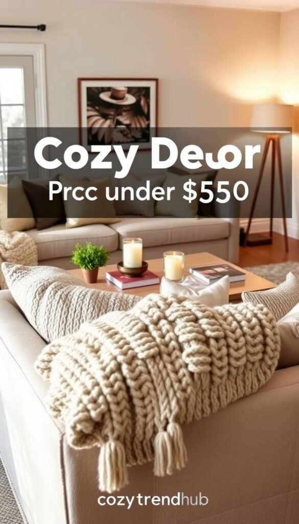 A beautifully styled living room featuring cozy decor items priced under $50, such as plush throw pillows, knitted blankets, and warm lighting. In the foreground, a soft, inviting sofa draped with a chunky knit throw and scattered cushions. The middle section includes a stylish coffee table adorned with a carefully arranged candle set, a small potted plant, and a stack of tasteful books. In the background, a tastefully decorated wall with framed artwork and a glowing floor lamp casts a warm ambiance. The overall atmosphere is serene and inviting, evoking a sense of comfort and homeliness. The lighting is soft and natural, simulating a late afternoon sun. This Pinterest-style lifestyle scene reflects the theme of affordability and style in home decor. Brand name overlay: CozyTrendHub.