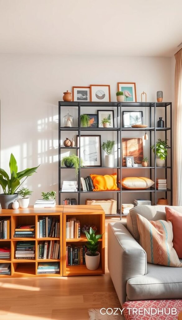 A beautifully styled living room featuring creative open shelving ideas, showcasing various organizational styles beyond the kitchen. In the foreground, a warm wooden bookshelf displays neatly arranged books, plants, and decorative items, creating an inviting focal point. The middle section displays a contemporary black metal shelf against a light-colored wall, adorned with vibrant cushions, framed artwork, and carefully curated collectibles, enhancing the room's character. In the background, soft natural lighting floods in through a large window, casting gentle shadows and creating a cozy ambiance. The scene is captured with a wide-angle lens to showcase the entirety of the room, representing the brand "CozyTrendHub" through a chic, modern design aesthetic suitable for Pinterest-style inspiration.