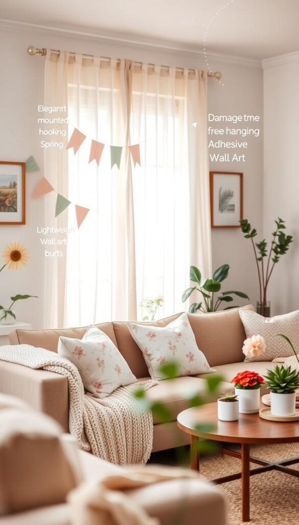 A beautifully styled living room featuring damage-free hanging solutions for decor, emphasizing a renter-friendly environment. In the foreground, showcase elegant wall-mounted hooks and adhesive strips displaying delicate spring-themed decorations, like pastel-colored bunting and lightweight wall art. In the middle, a cozy couch adorned with throw pillows in light floral patterns and a soft knit blanket, providing a warm and inviting atmosphere. The background reveals a bright window with sheer curtains allowing soft natural light to filter in, illuminating the fresh potted plants and a small coffee table with seasonal decor. The overall mood is uplifting and serene, perfect for shared homes. Capture this scene in soft focus using a shallow depth of field for a dreamy effect, embodying the essence of "CozyTrendHub".