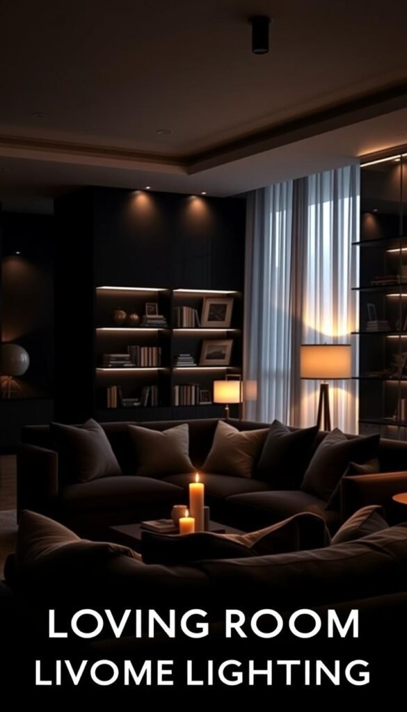 A beautifully styled living room featuring dark corners that evoke a sense of mystery and ambiance. In the foreground, a plush, deep-colored sofa adorned with soft cushions sits invitingly. The middle ground includes a stylish coffee table with a warm, flickering candle casting delicate shadows. In the background, sleek shelves are lined with art pieces and books, partially obscured by dimly lit corners that suggest solitude. The room is illuminated by a mix of soft overhead lighting and strategically placed floor lamps, enhancing the cozy atmosphere. Natural light filters through sheer curtains, providing a subtle glow. The overall mood is tranquil and introspective, ideal for reflecting on the impact of thoughtful living room lighting. Designed in the signature cozy aesthetics of CozyTrendHub.