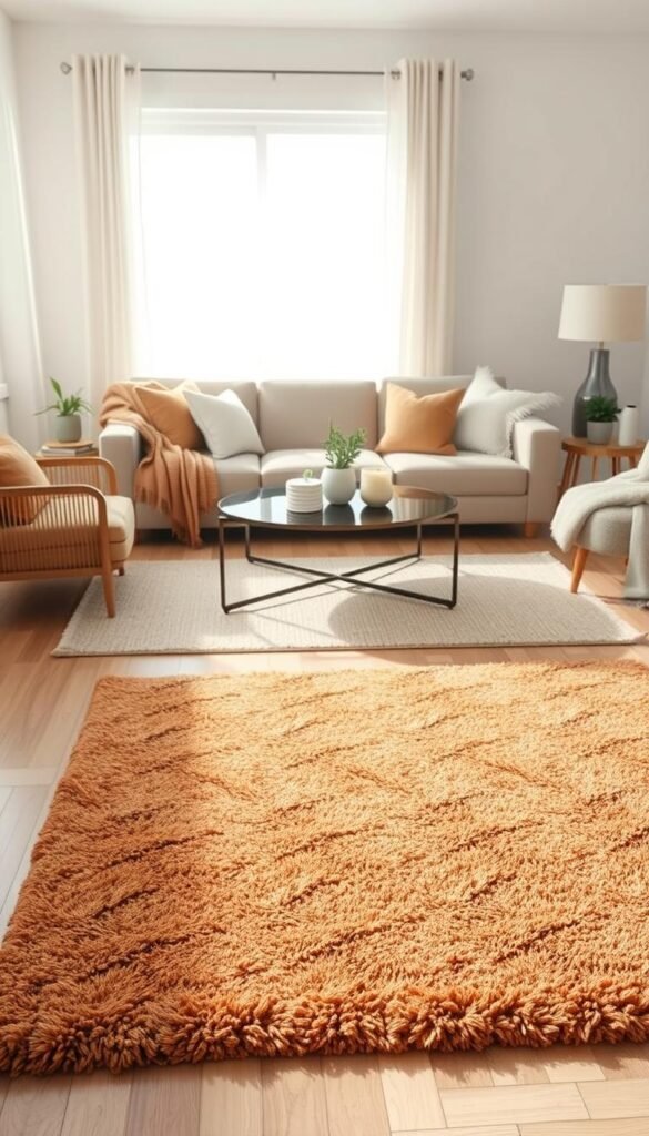 A beautifully styled living room featuring layered area rugs to add warmth and hide an unattractive floor. In the foreground, a plush, patterned area rug in warm earthy tones, layered with a smaller, textured rug juxtaposed for visual interest. The middle ground features a chic coffee table adorned with a few decorative items like a candle and a potted plant, surrounded by comfortable seating options, such as a cozy sofa with inviting throw pillows. The background showcases soft, neutral walls and a large window allowing gentle, natural light to stream in, creating a warm and inviting atmosphere. The overall mood is relaxed and stylish, reflecting a modern, Pinterest-inspired decor aesthetic. Render this scene with a slight overhead angle, focusing on depth and detail, reminiscent of inspiration from CozyTrendHub.
