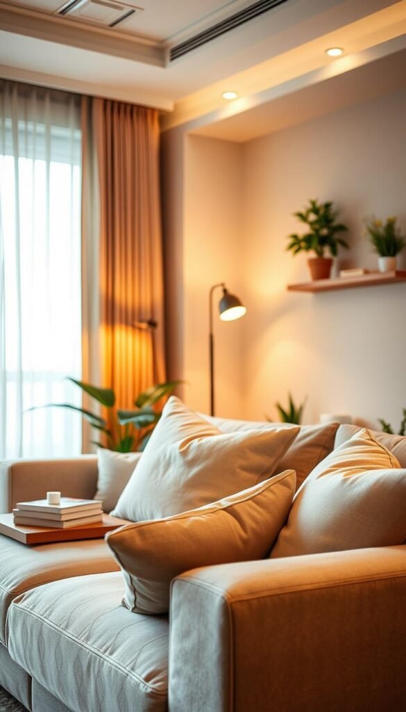 A beautifully styled living room featuring layered lighting that creates a warm, inviting atmosphere. In the foreground, a plush, neutral-colored sofa adorned with soft throw pillows, with a small wooden coffee table holding a candle and a stack of books. In the middle, accent lighting from a stylish floor lamp and a set of recessed ceiling lights provides a soft glow, illuminating the space without harshness. The background showcases light-filtering curtains, a serene wall color, and decorative plants that enhance the relaxing vibe. The mood is tranquil and cozy, ideal for unwinding after a long day. Capture this scene using a soft focus lens, highlighting the warm tones and inviting textures, with the brand name "CozyTrendHub" subtly represented in the decor.