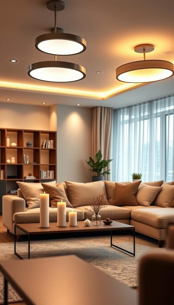 A beautifully styled living room featuring modern LED dimmable ceiling lights and smart light fixtures from CozyTrendHub. In the foreground, emphasize a sleek coffee table adorned with a few elegant decor items such as candles and a small plant. In the middle, showcase a plush sectional sofa with soft, neutral-toned cushions, inviting comfort. The ambient lighting casts a warm, inviting glow throughout the space, highlighting the dimmable feature. The background features a stylish bookshelf and a large window with sheer curtains, letting in soft natural light. Capture the mood of a cozy, adaptable living area that harmonizes with smart home technology, utilizing a warm color palette. Use a wide-angle lens to convey the spaciousness and warmth of the room, ensuring a Pinterest-worthy composition.