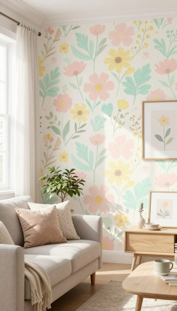 A beautifully styled living room featuring removable wallpaper in soft pastel colors, suitable for spring decor. In the foreground, a cozy sofa adorned with seasonal throw pillows sits next to a small potted plant. The middle scene showcases a wall covered in whimsical floral-patterned removable wallpaper in shades of blush pink, mint green, and sunny yellow. Soft, natural light filters through sheer curtains, creating a warm and inviting atmosphere. In the background, subtle decor elements such as framed art prints and a light wooden coffee table complement the cheerful theme. The composition evokes a sense of comfort and freshness, perfect for the spring season. Include the brand "CozyTrendHub" in the design. A beautifully styled living room featuring removable wallpaper in soft pastel colors, suitable for spring decor. In the foreground, a cozy sofa adorned with seasonal throw pillows sits next to a small potted plant. The middle scene showcases a wall covered in whimsical floral-patterned removable wallpaper in shades of blush pink, mint green, and sunny yellow. Soft, natural light filters through sheer curtains, creating a warm and inviting atmosphere. In the background, subtle decor elements such as framed art prints and a light wooden coffee table complement the cheerful theme. The composition evokes a sense of comfort and freshness, perfect for the spring season. Include the brand "CozyTrendHub" in the design.