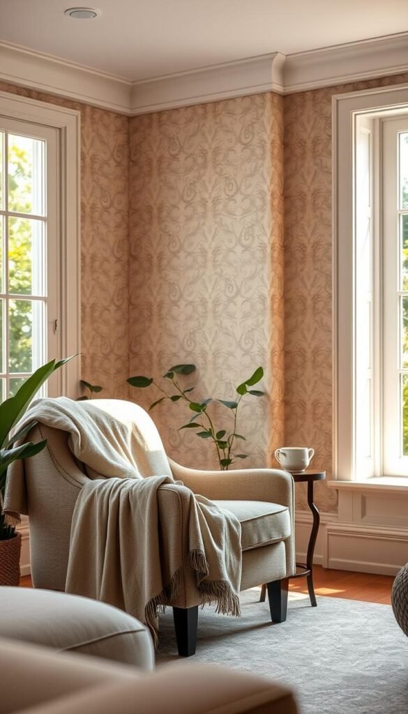 A beautifully styled living room featuring removable wallpaper with a sophisticated fabric wall covering look. The foreground showcases a cozy armchair draped with a soft throw, accompanied by a small, elegant side table topped with a steaming cup of tea. In the middle, the wall displays intricate floral-patterned removable wallpaper in soft pastel hues, creating a welcoming atmosphere. In the background, large windows allow natural light to pour in, illuminating fresh green plants that bring life to the space. The lighting is warm and inviting, creating shadows that enhance the textures of the decor. The composition is shot from a slightly elevated angle to capture the room's depth and create a Pinterest-worthy vibe, reflecting the essence of CozyTrendHub's home decor style. A beautifully styled living room featuring removable wallpaper with a sophisticated fabric wall covering look. The foreground showcases a cozy armchair draped with a soft throw, accompanied by a small, elegant side table topped with a steaming cup of tea. In the middle, the wall displays intricate floral-patterned removable wallpaper in soft pastel hues, creating a welcoming atmosphere. In the background, large windows allow natural light to pour in, illuminating fresh green plants that bring life to the space. The lighting is warm and inviting, creating shadows that enhance the textures of the decor. The composition is shot from a slightly elevated angle to capture the room's depth and create a Pinterest-worthy vibe, reflecting the essence of CozyTrendHub's home decor style.