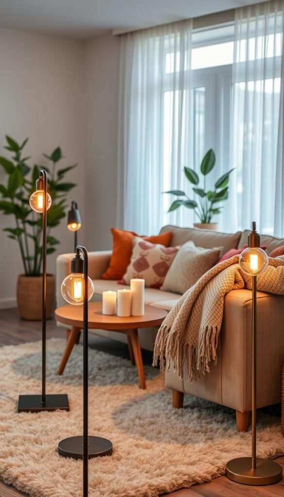 A beautifully styled living room featuring renter-friendly lamps that enhance the cozy atmosphere. In the foreground, display two elegantly designed floor lamps with warm light bulbs, casting a soft glow on a plush area rug. In the middle, feature a stylish couch adorned with colorful throw pillows, a knitted blanket draped over the arm, and a small wooden coffee table with a few decorative candles. In the background, a large window allows natural light to filter in, revealing light, sheer curtains and a decorative houseplant in a ceramic pot. The mood is inviting and warm, ideal for a snug evening at home. Capture the essence of comfort with a Pinterest-worthy aesthetic, emphasizing the brand "CozyTrendHub". Use soft, diffused lighting for a serene ambiance, shot from a slightly elevated angle to encompass the entire arrangement.