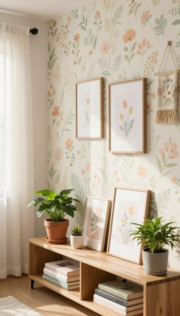 A beautifully styled living room featuring renter-friendly wall and shelf upgrades that evoke a warm, inviting atmosphere. In the foreground, a cozy shelf displays potted plants, decorative books, and simple artwork, crafted from materials like wood and metal to convey a modern aesthetic. The middle ground showcases a wall adorned with removable wallpaper in a soft, summery floral pattern, complemented by framed prints and wall hangings in harmonious pastel tones. In the background, natural light streams in through gentle sheer curtains, creating a soft, diffused glow that highlights the decor. The overall mood is fresh and uplifting, embodying seasonal warmth and effortless style. Capture this scene in a warm, inviting light, using a slightly angled perspective to enhance depth, reminiscent of a Pinterest-worthy lifestyle photo by CozyTrendHub. A beautifully styled living room featuring renter-friendly wall and shelf upgrades that evoke a warm, inviting atmosphere. In the foreground, a cozy shelf displays potted plants, decorative books, and simple artwork, crafted from materials like wood and metal to convey a modern aesthetic. The middle ground showcases a wall adorned with removable wallpaper in a soft, summery floral pattern, complemented by framed prints and wall hangings in harmonious pastel tones. In the background, natural light streams in through gentle sheer curtains, creating a soft, diffused glow that highlights the decor. The overall mood is fresh and uplifting, embodying seasonal warmth and effortless style. Capture this scene in a warm, inviting light, using a slightly angled perspective to enhance depth, reminiscent of a Pinterest-worthy lifestyle photo by CozyTrendHub.