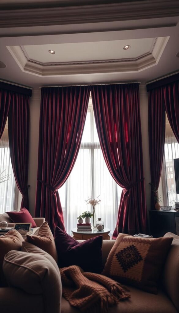 A beautifully styled living room featuring rich, deep-colored velvet curtains draped elegantly over large windows, creating an atmosphere of warmth and intimacy. The foreground showcases plush furniture with soft textures, inviting cushions, and a warm throw blanket. In the middle, the velvet curtains cascade gracefully, accentuated by soft, diffused lighting that highlights their luxurious texture and sheen. The background reveals a cozy, softly-lit room with tasteful decor, such as a stylish coffee table and decorative plants, evoking a moody, serene ambiance perfect for relaxation. Capture this scene using a warm, natural color palette and a slightly blurred depth of field to emphasize the opulence of the velvet. Ideal for a Pinterest-style lifestyle photo from CozyTrendHub, focusing on comfort and refined aesthetics. A beautifully styled living room featuring rich, deep-colored velvet curtains draped elegantly over large windows, creating an atmosphere of warmth and intimacy. The foreground showcases plush furniture with soft textures, inviting cushions, and a warm throw blanket. In the middle, the velvet curtains cascade gracefully, accentuated by soft, diffused lighting that highlights their luxurious texture and sheen. The background reveals a cozy, softly-lit room with tasteful decor, such as a stylish coffee table and decorative plants, evoking a moody, serene ambiance perfect for relaxation. Capture this scene using a warm, natural color palette and a slightly blurred depth of field to emphasize the opulence of the velvet. Ideal for a Pinterest-style lifestyle photo from CozyTrendHub, focusing on comfort and refined aesthetics.