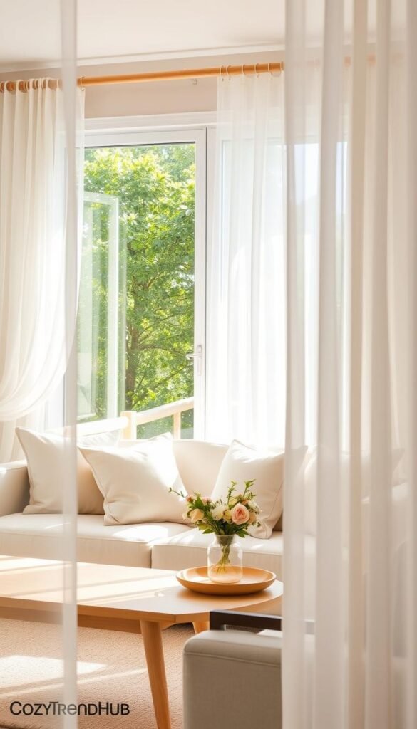A beautifully styled living room featuring sheer curtains that gracefully diffuse sunlight, creating a warm and inviting atmosphere. In the foreground, elegant sheer curtains hang from a minimalist wooden rod, swaying slightly in a gentle breeze, casting soft shadows on a cozy, light-colored sofa adorned with pastel throw pillows. In the middle ground, a light wood coffee table displays a delicate vase filled with fresh flowers, complementing the airy feel. The background showcases a softly lit window framed by lush greenery outside, enhancing the serene environment. Use natural, soft lighting to emphasize the lightness of the curtains and evoke a sense of tranquility. The overall mood is clear, bright, and peaceful, perfect for illustrating modern home decor ideas from CozyTrendHub. A beautifully styled living room featuring sheer curtains that gracefully diffuse sunlight, creating a warm and inviting atmosphere. In the foreground, elegant sheer curtains hang from a minimalist wooden rod, swaying slightly in a gentle breeze, casting soft shadows on a cozy, light-colored sofa adorned with pastel throw pillows. In the middle ground, a light wood coffee table displays a delicate vase filled with fresh flowers, complementing the airy feel. The background showcases a softly lit window framed by lush greenery outside, enhancing the serene environment. Use natural, soft lighting to emphasize the lightness of the curtains and evoke a sense of tranquility. The overall mood is clear, bright, and peaceful, perfect for illustrating modern home decor ideas from CozyTrendHub.