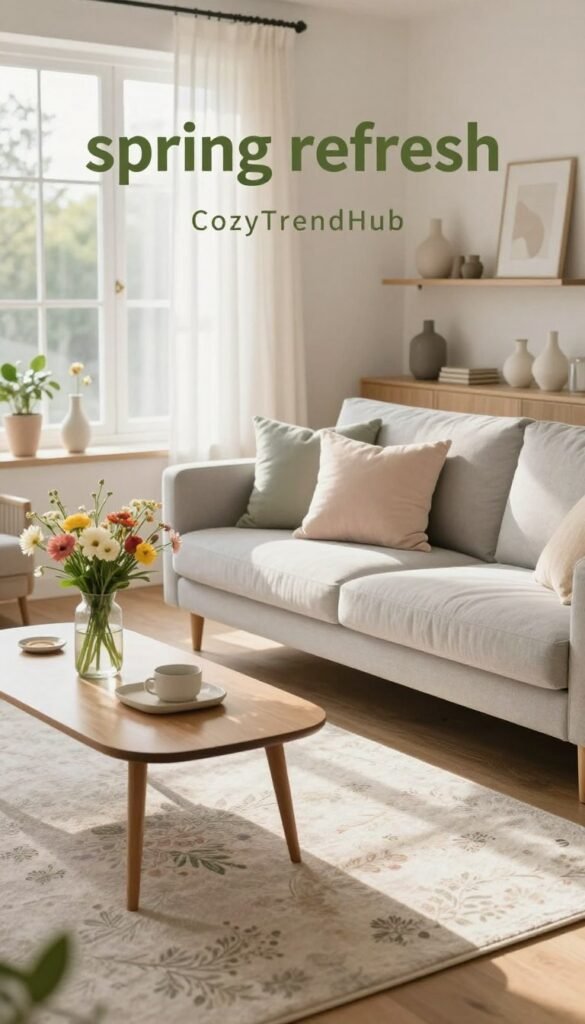 A beautifully styled living room for a "spring refresh," showcasing elegant decor pieces that evoke freshness and tranquility. In the foreground, a soft, light-colored area rug features subtle floral patterns, complemented by a mid-century modern coffee table adorned with a vase of vibrant spring flowers. In the middle ground, a cozy, light gray sofa with plush pillows in pastel tones invites relaxation, while an array of stylish, minimalist decorations is neatly arranged on shelves nearby. The background reveals large windows allowing warm, natural sunlight to flood the space, highlighting sheer white curtains that gently billow in the breeze. The ambiance is serene and inviting, perfect for a seasonal makeover. The scene reflects the brand "CozyTrendHub," emphasizing charm and simplicity without clutter. Use soft focus and a slight overhead angle to capture the room&rsquo;s cozy essence.