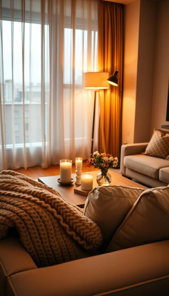 A beautifully styled living room in a cozy apartment, featuring warm, ambient lighting that creates an inviting atmosphere. In the foreground, a plush, modern sofa adorned with soft, textured cushions and a chunky knit throw blanket. The middle ground showcases a stylish, wooden coffee table topped with candles flickering softly and a small vase of fresh flowers. A stylish floor lamp casts a warm glow, enhancing the room's comfort. In the background, soft curtains allow gentle light to filter through, framing a view of a quiet cityscape. The overall mood is warm and stylish, ideal for creating a serene retreat. Captured with a warm color palette and low-angle perspective to evoke intimacy. Perfect for CozyTrendHub&rsquo;s decor inspiration.