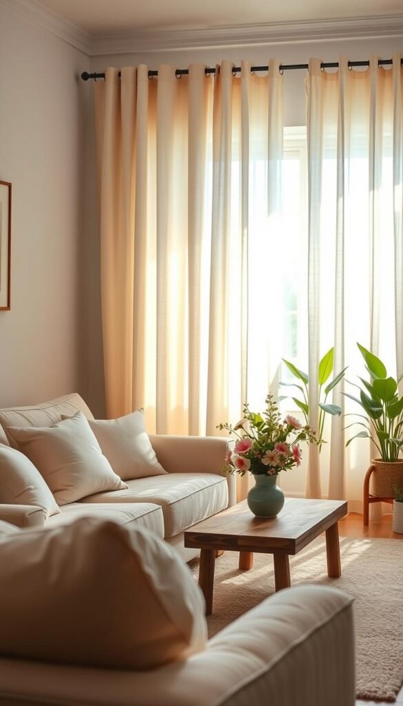 A beautifully styled living room interior featuring soft cotton curtains gently draping from a window, illuminated by warm, natural light streaming in. The curtains are a creamy white with subtle texture, creating an inviting and cozy atmosphere. In the foreground, a plush, neutral-toned sofa adorned with pastel-colored throw pillows gives a sense of comfort. The middle ground showcases a rustic wooden coffee table with a simple vase of fresh flowers, complementing the cotton curtains. In the background, soft greenery from potted plants can be seen, enhancing the relaxed and serene mood. Captured in a slightly wide angle with soft focus, this Pinterest-inspired lifestyle photo celebrates versatile style and easy care, ideal for budget-conscious decor lovers. Imagined by CozyTrendHub. A beautifully styled living room interior featuring soft cotton curtains gently draping from a window, illuminated by warm, natural light streaming in. The curtains are a creamy white with subtle texture, creating an inviting and cozy atmosphere. In the foreground, a plush, neutral-toned sofa adorned with pastel-colored throw pillows gives a sense of comfort. The middle ground showcases a rustic wooden coffee table with a simple vase of fresh flowers, complementing the cotton curtains. In the background, soft greenery from potted plants can be seen, enhancing the relaxed and serene mood. Captured in a slightly wide angle with soft focus, this Pinterest-inspired lifestyle photo celebrates versatile style and easy care, ideal for budget-conscious decor lovers. Imagined by CozyTrendHub.