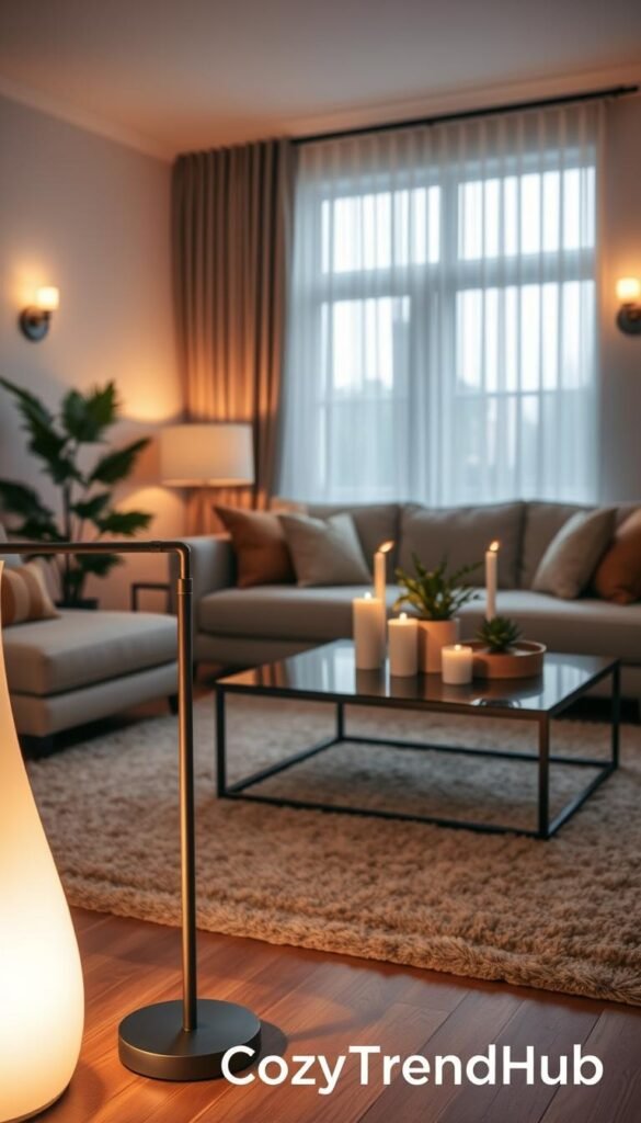 A beautifully styled living room interior focusing on layered lighting to create a warm and inviting atmosphere. In the foreground, a stylish floor lamp with a soft, warm glow, casting gentle shadows on a plush area rug. The middle ground features an elegant coffee table adorned with lit candles and potted plants, enhancing the cozy feel. In the background, a large window with sheer curtains allows soft, natural light to filter through, complemented by wall sconces illuminating the room. The color palette of earthy tones and warm neutrals enhances comfort. Capture this scene using a wide-angle lens to emphasize depth, showcasing a serene and welcoming vibe. Ideal for Pinterest-style home decor inspiration. Display the brand name "CozyTrendHub" subtly in the ambiance of the photo.